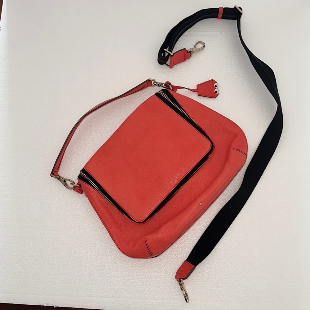 Anya Hindmarch Maxi Zip Crossbody in Salmon color.